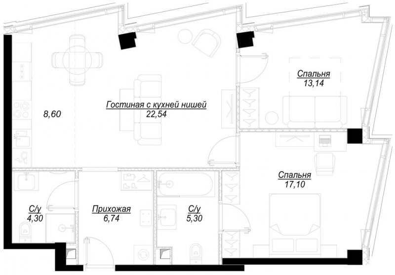 2-комнатная квартира с частичной отделкой, 77.7 м2, 38 этаж, сдача 1 квартал 2023 г., ЖК Hide, корпус WestDale - объявление 1756910 - фото №1