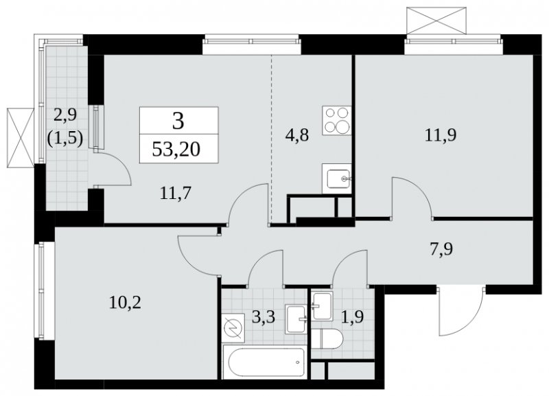 3-комнатная квартира (евро) с полной отделкой, 53.2 м2, 14 этаж, сдача 2 квартал 2025 г., ЖК Прокшино, корпус 5.1.2 - объявление 1860114 - фото №1