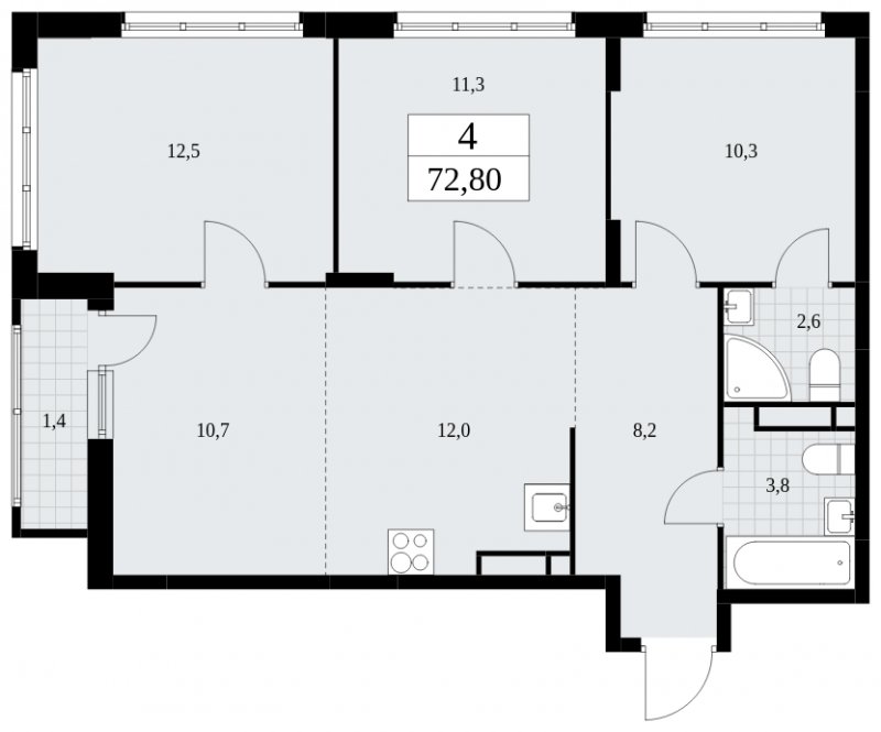 4-комнатная квартира (евро) без отделки, 72.8 м2, 13 этаж, сдача 1 квартал 2025 г., ЖК Скандинавия, корпус 36.1.2 - объявление 1801927 - фото №1