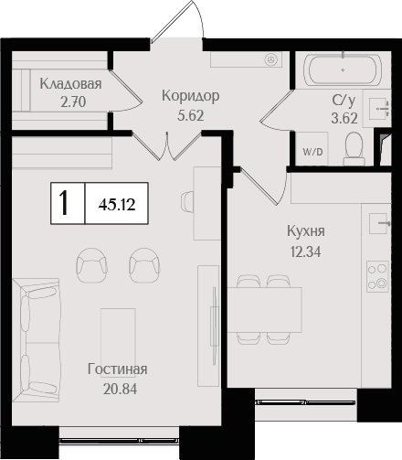 1-комнатная квартира без отделки, 45.12 м2, 2 этаж, сдача 3 квартал 2024 г., ЖК Преображенская площадь, корпус 1 - объявление 2287500 - фото №1