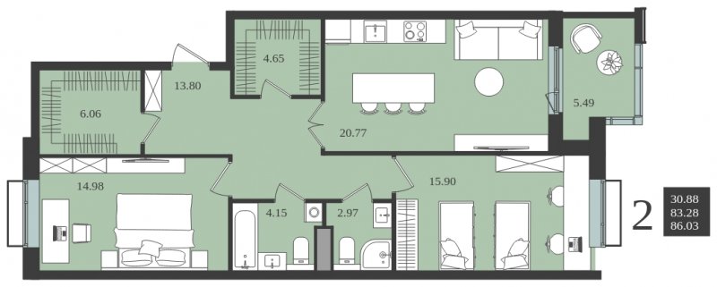 2-комнатная квартира без отделки, 86.03 м2, 5 этаж, сдача 1 квартал 2024 г., ЖК Мишино-2, корпус 7 - объявление 1812199 - фото №1