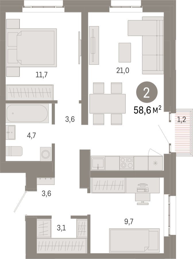 2-комнатная квартира 58.6 м2, 14 этаж, сдача 3 квартал 2026 г., ЖК Квартал Метроном, корпус 1 - объявление 2310819 - фото №1