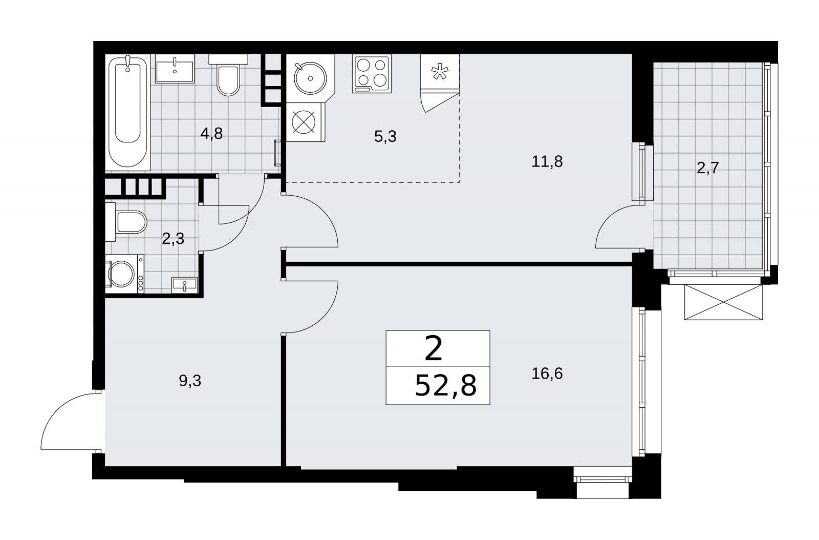 2-комнатная квартира (евро) без отделки, 52.8 м2, 4 этаж, сдача 1 квартал 2026 г., ЖК Дзен-кварталы, корпус 4.2 - объявление 2251483 - фото №1