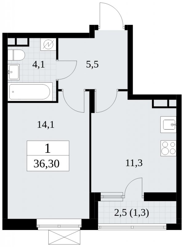 1-комнатная квартира без отделки, 36.3 м2, 11 этаж, сдача 1 квартал 2025 г., ЖК Прокшино, корпус 5.1.3 - объявление 1810710 - фото №1