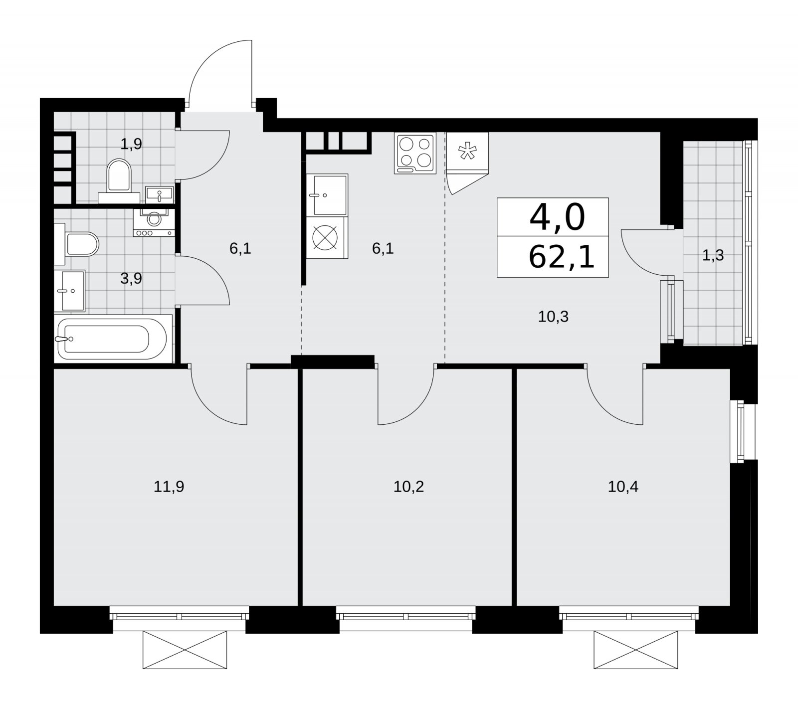4-комнатная квартира (евро) без отделки, 62.1 м2, 10 этаж, сдача 1 квартал 2026 г., ЖК Прокшино, корпус 10.1.1 - объявление 2226950 - фото №1