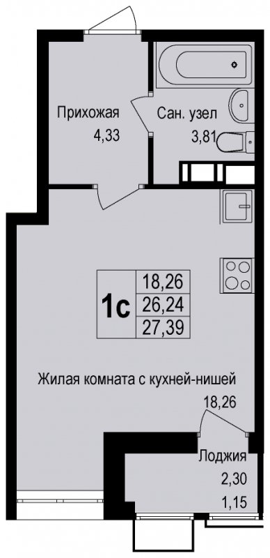 Студия без отделки, 27.43 м2, 3 этаж, дом сдан, ЖК Новая Щербинка, корпус 13 - объявление 1631249 - фото №1