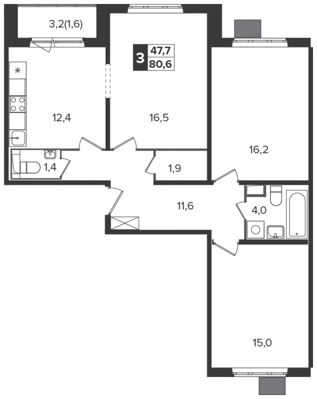 3-комнатная квартира с частичной отделкой, 80.6 м2, 23 этаж, дом сдан, ЖК Южная Битца, корпус 6 - объявление 1314144 - фото №1