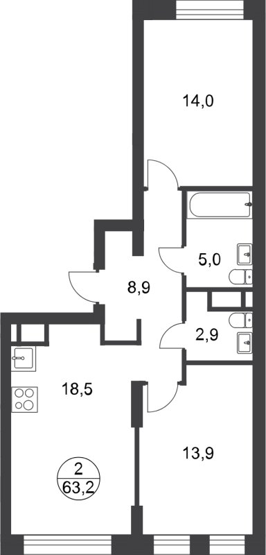 2-комнатная квартира без отделки, 63.2 м2, 7 этаж, сдача 1 квартал 2025 г., ЖК город-парк Переделкино Ближнее, корпус 17-4 - объявление 2022161 - фото №1