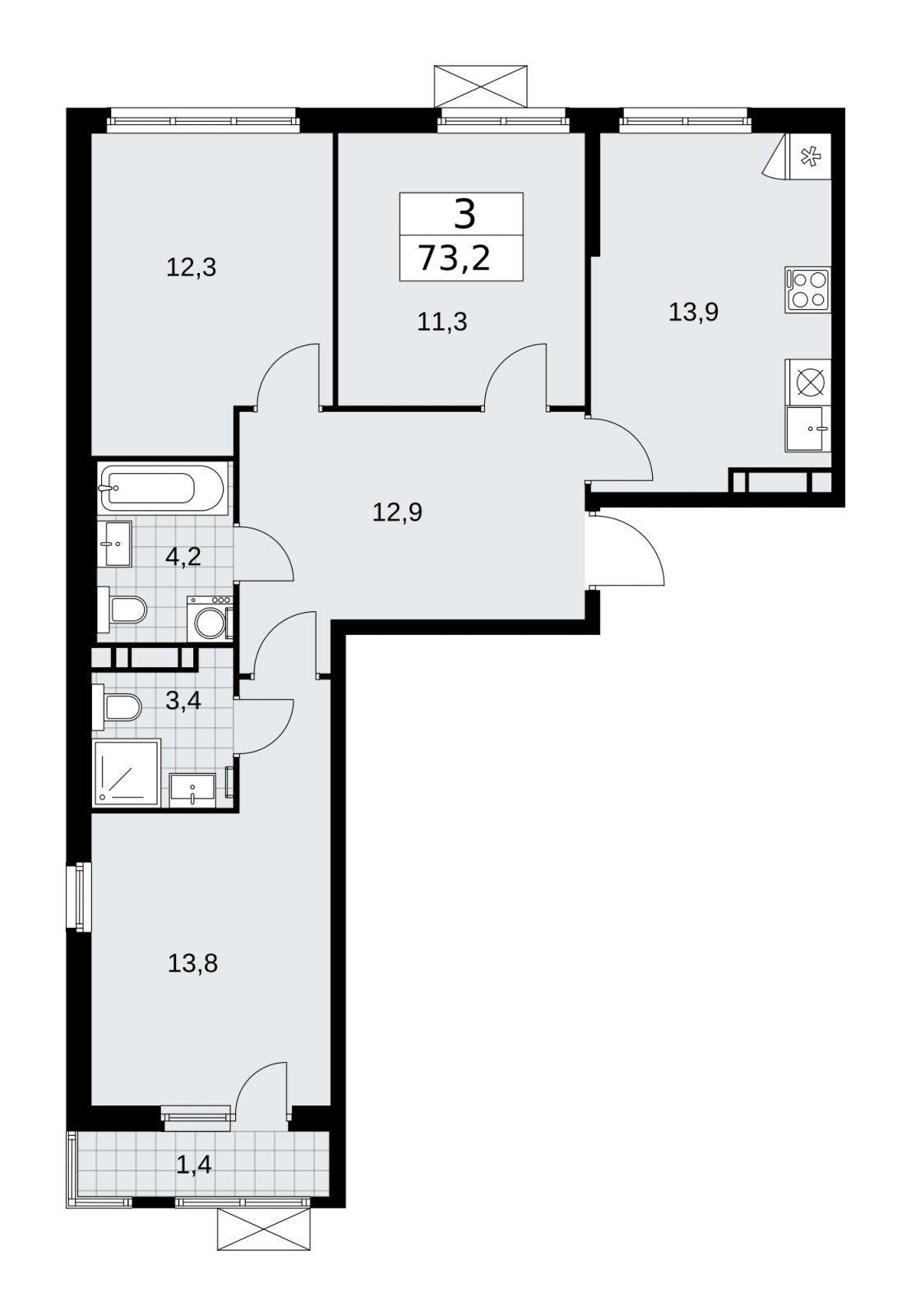 3-комнатная квартира без отделки, 73.2 м2, 9 этаж, сдача 4 квартал 2025 г., ЖК Прокшино, корпус 11.1.4 - объявление 2257492 - фото №1
