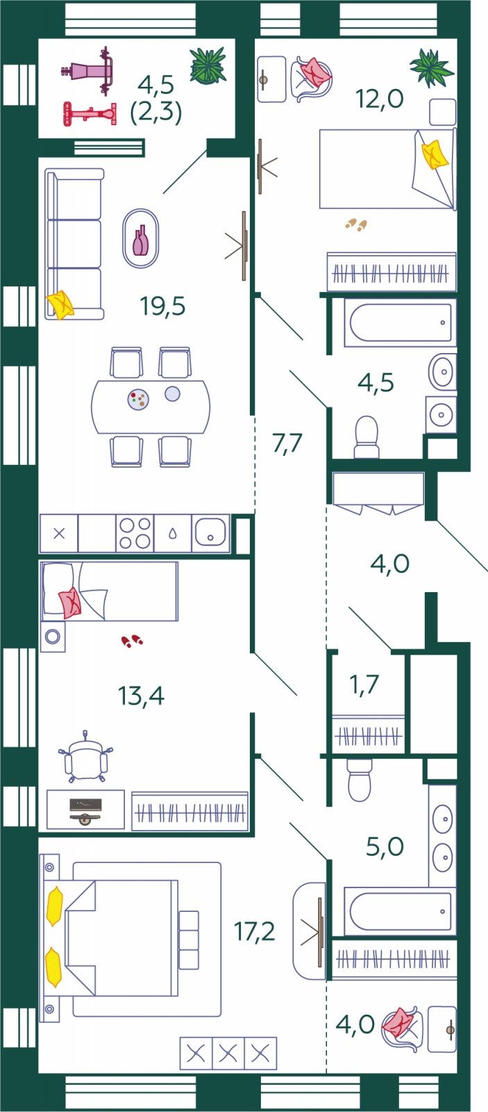 3-комнатная квартира без отделки, 91.3 м2, 12 этаж, сдача 4 квартал 2024 г., ЖК SHAGAL, корпус 2.8 - объявление 1981139 - фото №1