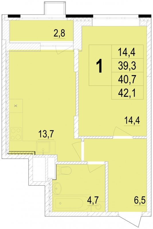 1-комнатная квартира без отделки, 40.7 м2, 2 этаж, сдача 1 квартал 2024 г., ЖК Отрадный, корпус 4 - объявление 1685413 - фото №1