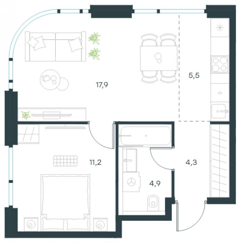 2-комнатная квартира (евро) без отделки, 43.8 м2, 10 этаж, сдача 4 квартал 2024 г., ЖК Level Мичуринский, корпус 6 - объявление 1664121 - фото №1