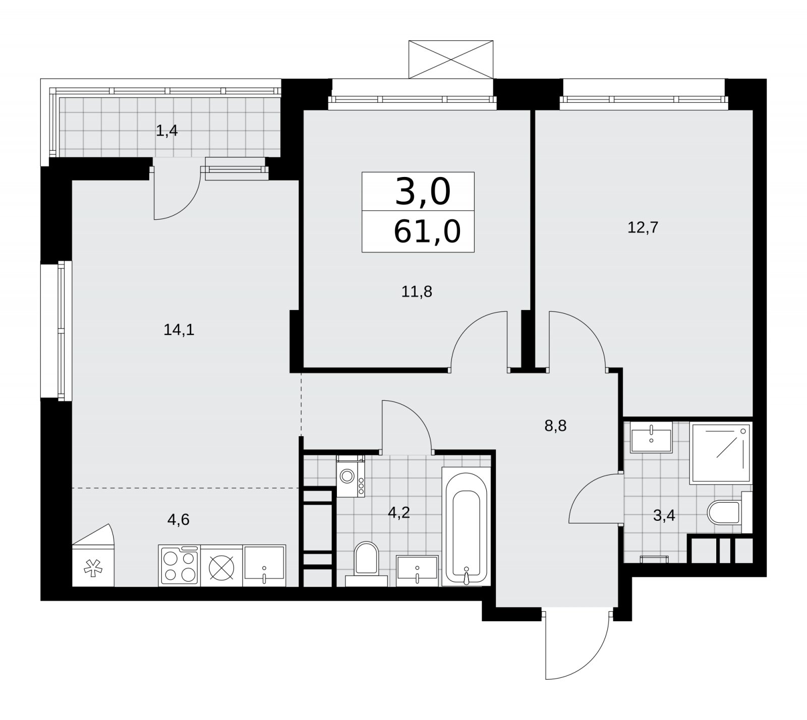 3-комнатная квартира (евро) с частичной отделкой, 61 м2, 13 этаж, сдача 2 квартал 2026 г., ЖК Прокшино, корпус 10.1.5 - объявление 2227644 - фото №1
