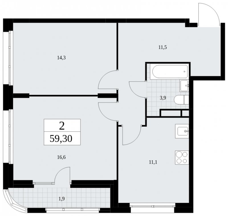 2-комнатная квартира с частичной отделкой, 59.3 м2, 4 этаж, сдача 4 квартал 2024 г., ЖК Скандинавия, корпус 36.2.1 - объявление 1779823 - фото №1