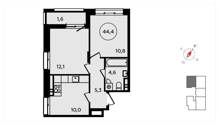 2-комнатная квартира без отделки, 44.4 м2, 13 этаж, сдача 3 квартал 2024 г., ЖК Скандинавия, корпус 2.22.2 - объявление 1625528 - фото №1