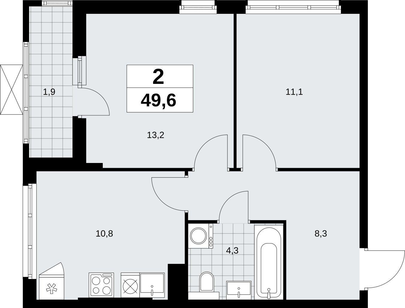2-комнатная квартира без отделки, 49.6 м2, 13 этаж, сдача 2 квартал 2026 г., ЖК Бунинские кварталы, корпус 9.4 - объявление 2324585 - фото №1