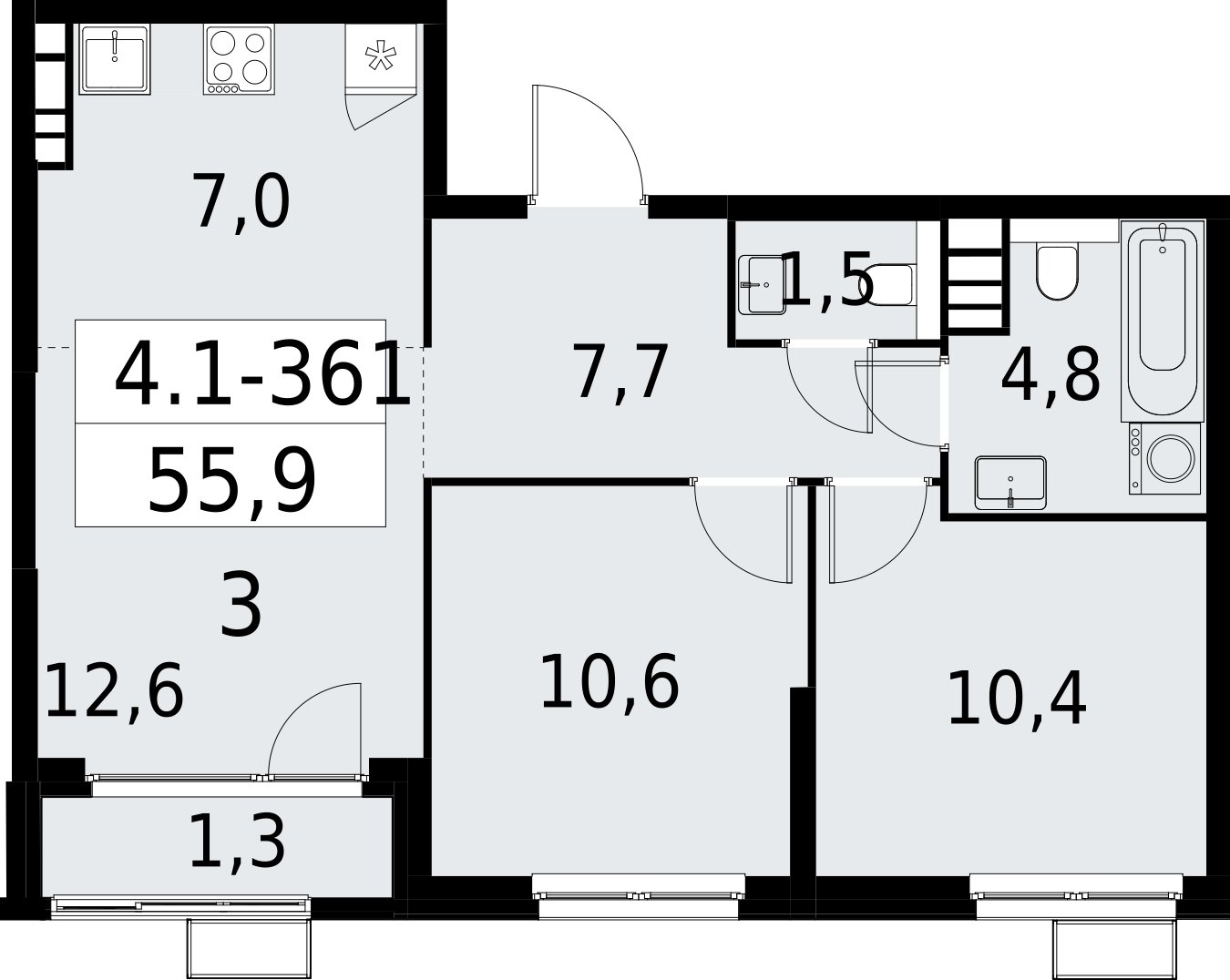 3-комнатная квартира (евро) с полной отделкой, 55.9 м2, 20 этаж, сдача 2 квартал 2027 г., ЖК Южные сады, корпус 4.1.2 - объявление 2392869 - фото №1