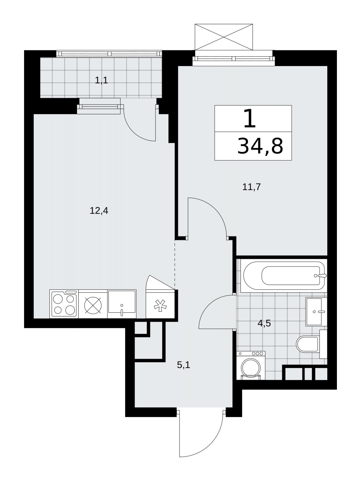 1-комнатная квартира с частичной отделкой, 34.8 м2, 12 этаж, сдача 1 квартал 2026 г., ЖК Прокшино, корпус 11.1.1 - объявление 2257109 - фото №1