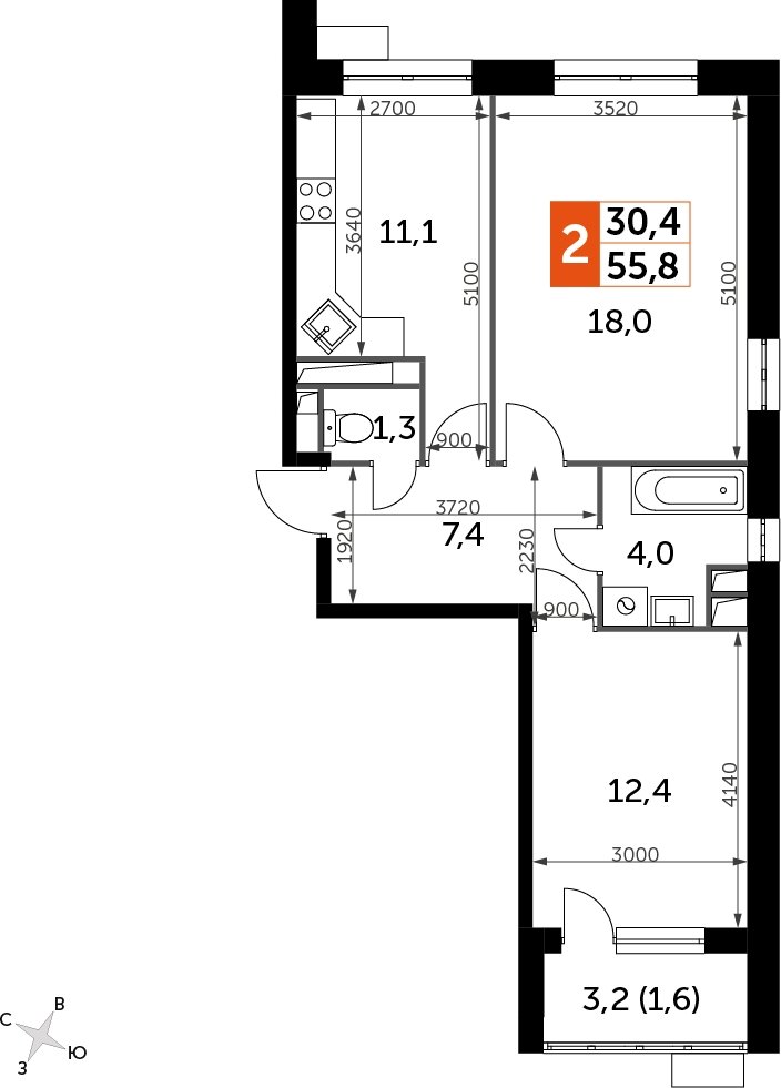 2-комнатная квартира с полной отделкой, 55.7 м2, 13 этаж, дом сдан, ЖК Датский квартал, корпус 2 - объявление 2333514 - фото №1