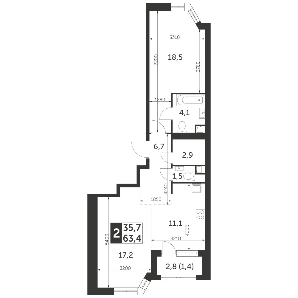 2-комнатная квартира без отделки, 63.4 м2, 44 этаж, дом сдан, ЖК Архитектор, корпус 3 - объявление 2374924 - фото №1