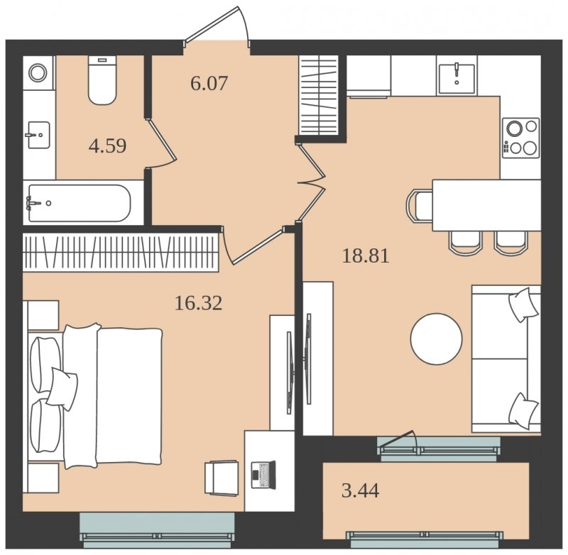1-комнатная квартира без отделки, 47.51 м2, 1 этаж, сдача 1 квартал 2024 г., ЖК Мишино-2, корпус 7 - объявление 1812155 - фото №1