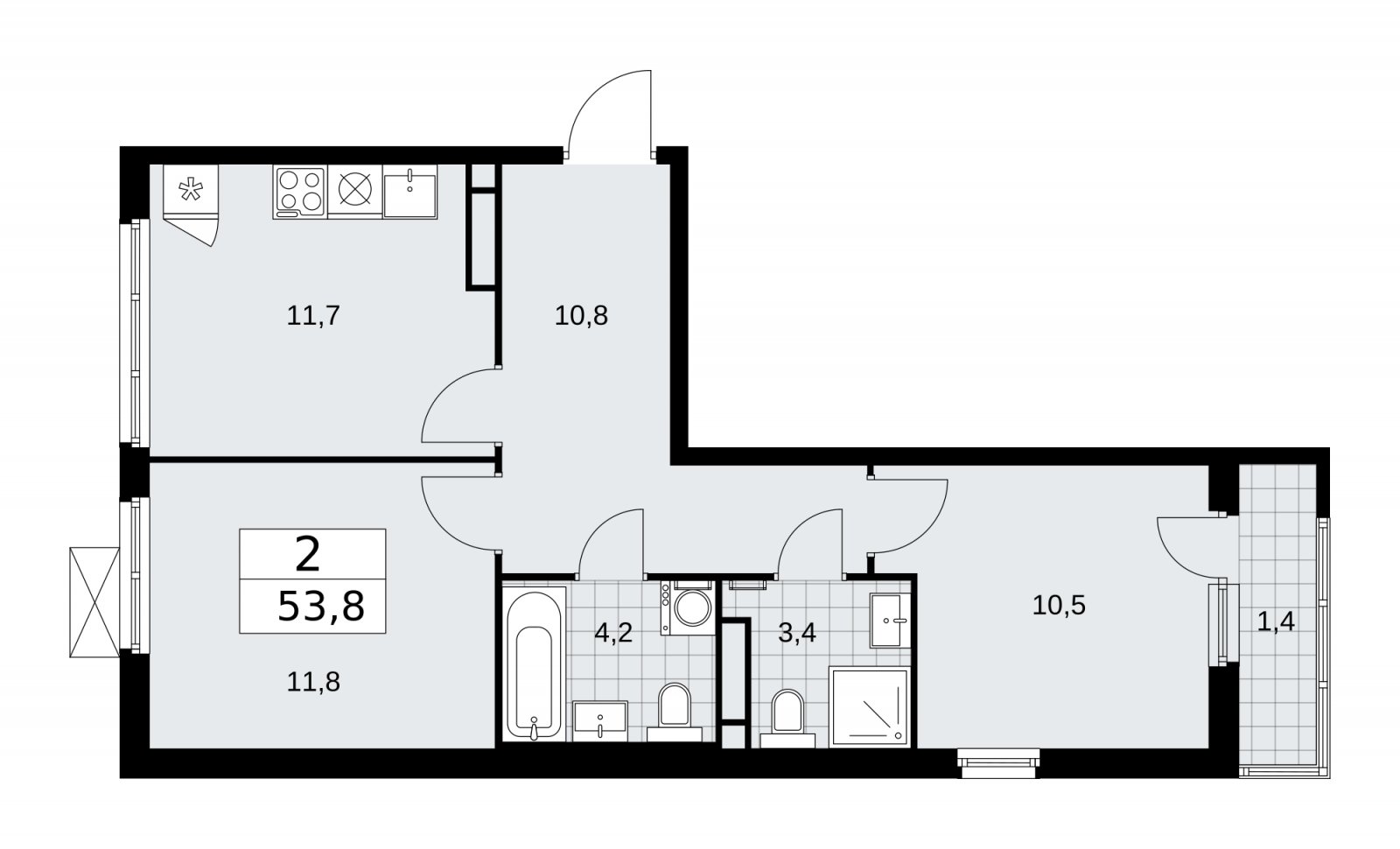 2-комнатная квартира с частичной отделкой, 53.8 м2, 11 этаж, сдача 1 квартал 2026 г., ЖК Прокшино, корпус 11.1.1 - объявление 2257233 - фото №1