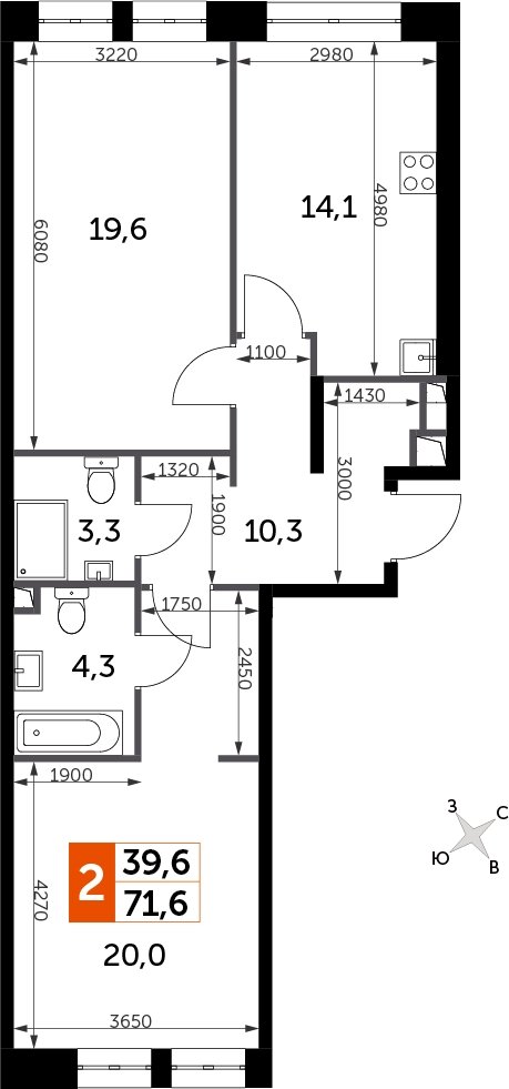 2-комнатная квартира с полной отделкой, 71.6 м2, 4 этаж, сдача 3 квартал 2024 г., ЖК Sydney City, корпус 2.1 - объявление 2207310 - фото №1