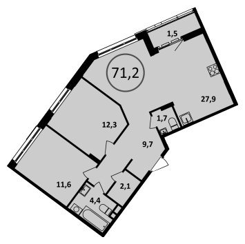 2-комнатная квартира без отделки, 71.2 м2, 13 этаж, сдача 4 квартал 2022 г., ЖК Испанские кварталы, корпус 5.3 - объявление 1756596 - фото №1