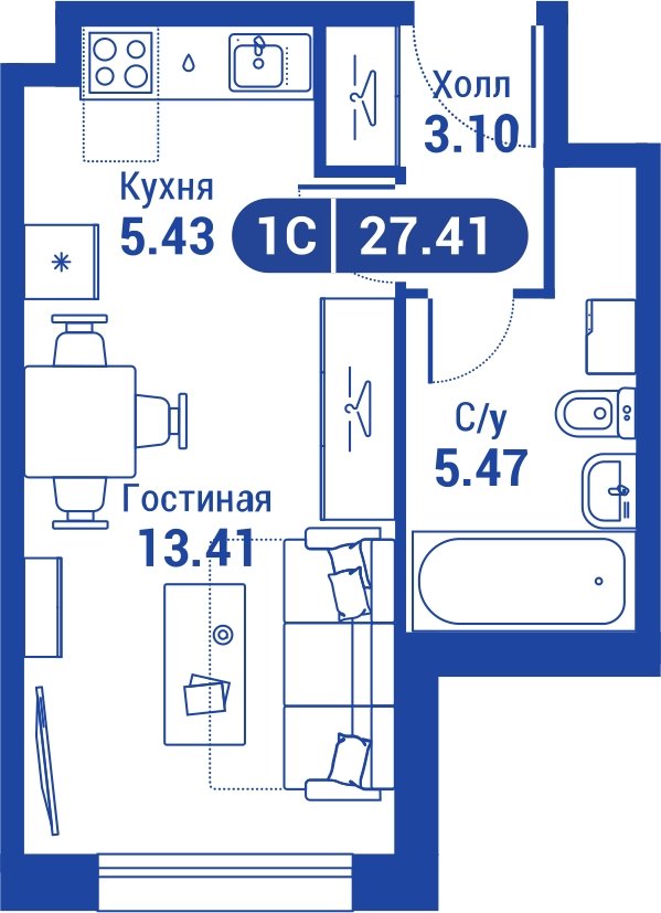 1-комнатная квартира без отделки, 26.9 м2, 24 этаж, сдача 4 квартал 2023 г., ЖК iLove, корпус 3 - объявление 2047321 - фото №1