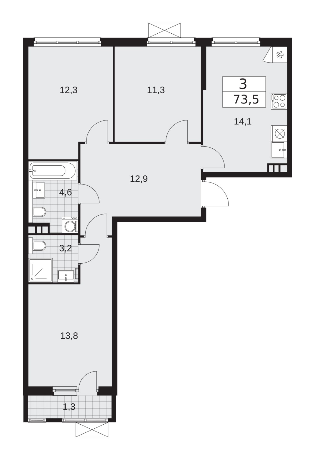 3-комнатная квартира с частичной отделкой, 73.5 м2, 3 этаж, сдача 2 квартал 2026 г., ЖК Прокшино, корпус 11.2.3 - объявление 2270268 - фото №1