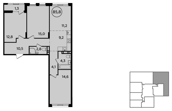 4-комнатная квартира (евро) без отделки, 85.8 м2, 12 этаж, сдача 1 квартал 2023 г., ЖК Прокшино, корпус 3.1 - объявление 1410762 - фото №1