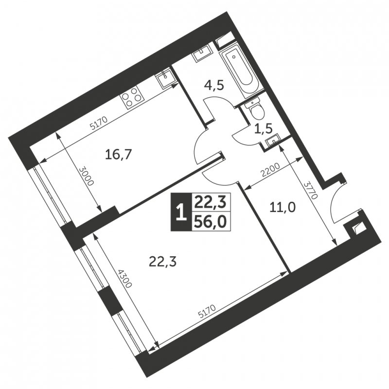 1-комнатная квартира с частичной отделкой, 56 м2, 4 этаж, сдача 4 квартал 2023 г., ЖК Архитектор, корпус 3 - объявление 1584228 - фото №1