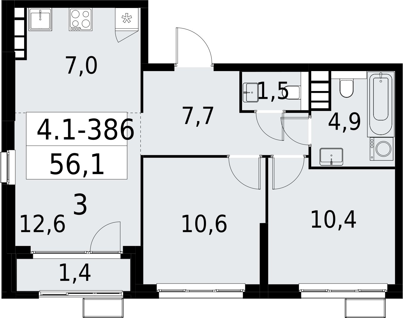 3-комнатная квартира (евро) с полной отделкой, 56.1 м2, 25 этаж, сдача 2 квартал 2027 г., ЖК Южные сады, корпус 4.1.2 - объявление 2392892 - фото №1