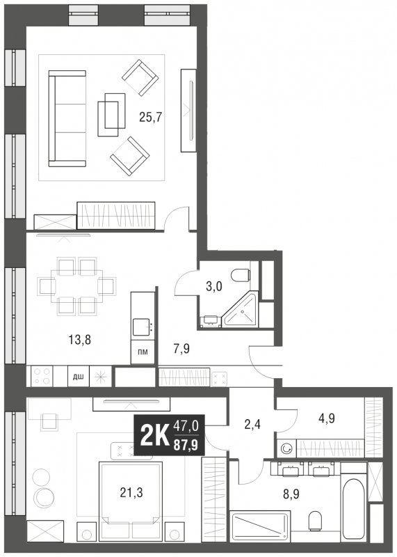 2-комнатная квартира с частичной отделкой, 87.9 м2, 11 этаж, сдача 2 квартал 2024 г., ЖК AFI Tower, корпус 1 - объявление 1930782 - фото №1