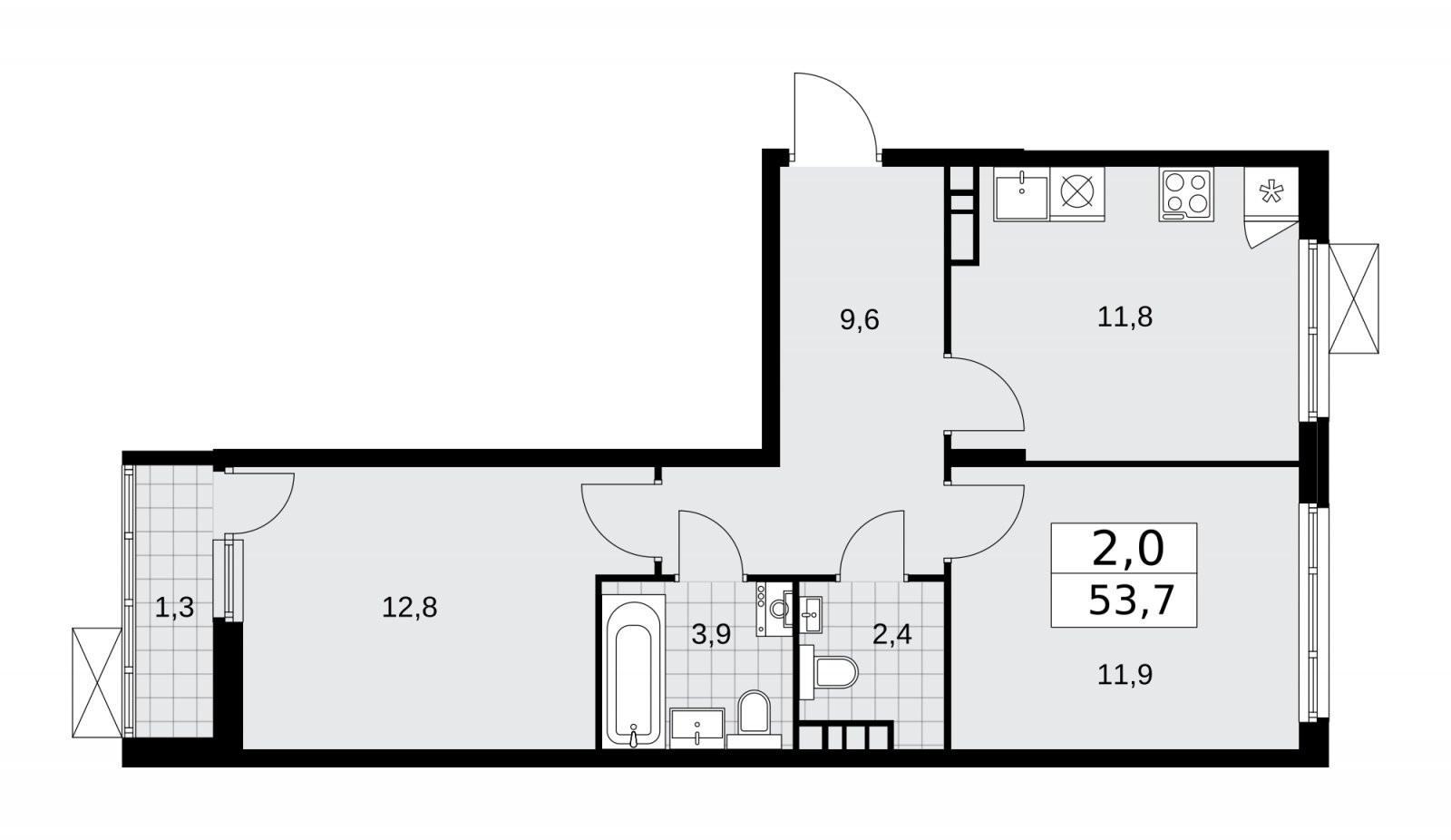 2-комнатная квартира без отделки, 53.7 м2, 10 этаж, сдача 1 квартал 2026 г., ЖК Прокшино, корпус 10.1.2 - объявление 2227135 - фото №1
