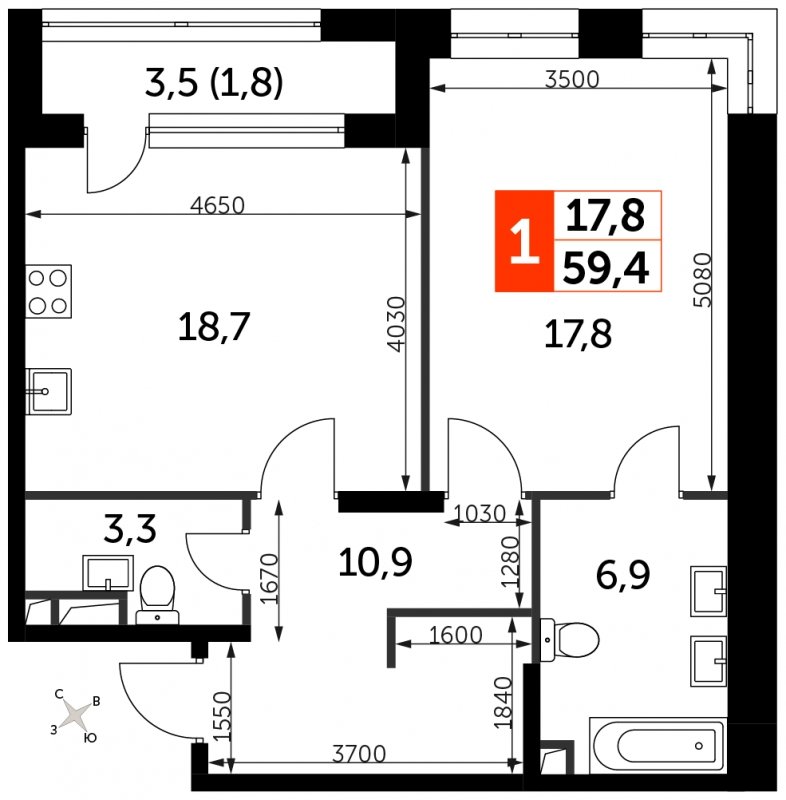 1-комнатная квартира с полной отделкой, 59.4 м2, 4 этаж, сдача 3 квартал 2024 г., ЖК Sydney City, корпус 2.1 - объявление 1762387 - фото №1