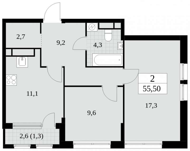 2-комнатная квартира с частичной отделкой, 55.5 м2, 18 этаж, сдача 2 квартал 2025 г., ЖК Южные сады, корпус 2.1 - объявление 1760024 - фото №1