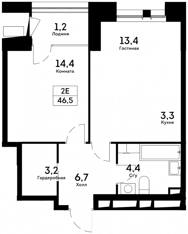 2-комнатная квартира без отделки, 46.5 м2, 13 этаж, сдача 4 квартал 2022 г., ЖК Квартал на набережной NOW, корпус 1.4 - объявление 1753375 - фото №1