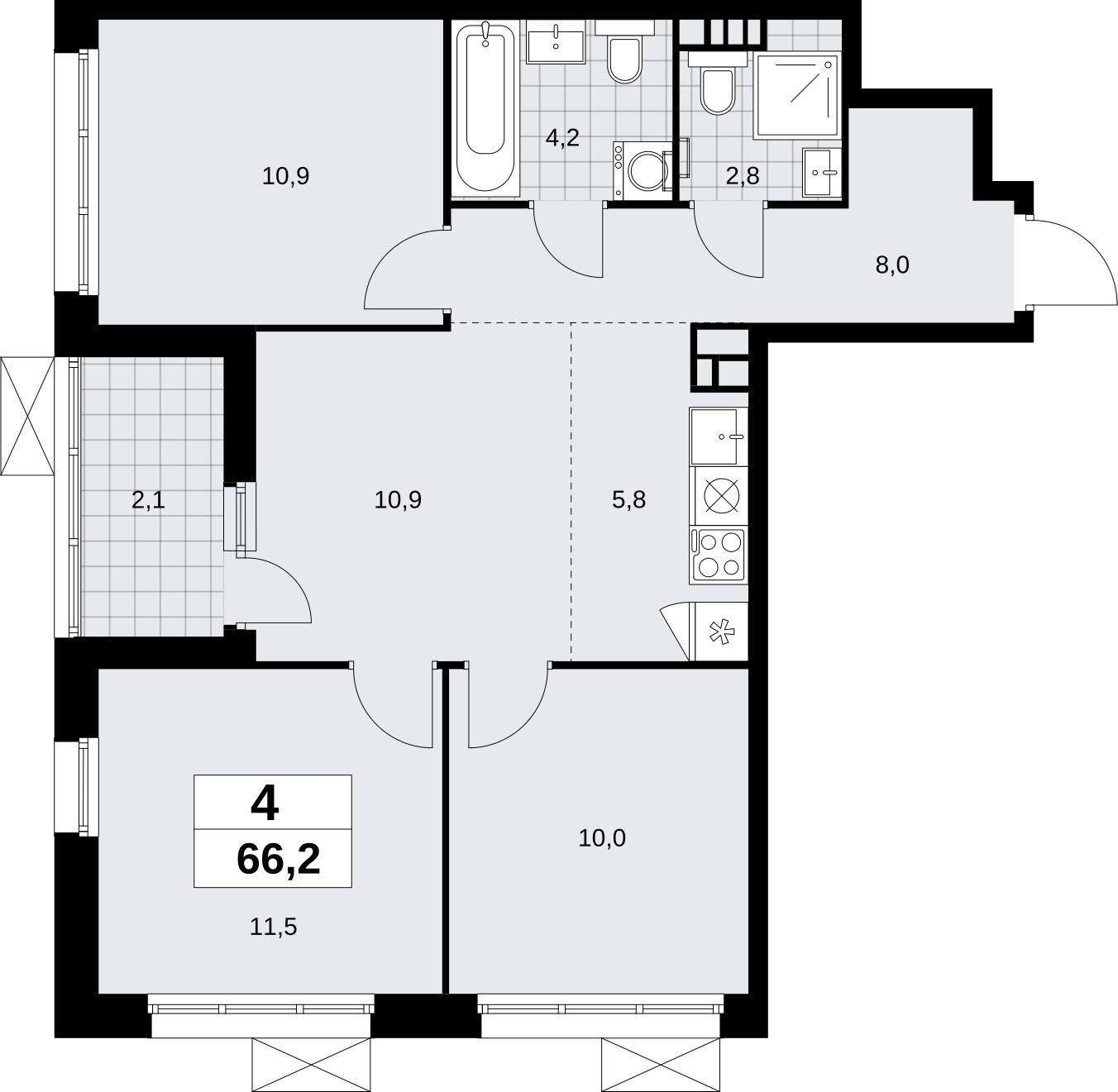 4-комнатная квартира (евро) без отделки, 66.2 м2, 4 этаж, сдача 4 квартал 2026 г., ЖК Скандинавия, корпус 2.18.1.3 - объявление 2350769 - фото №1