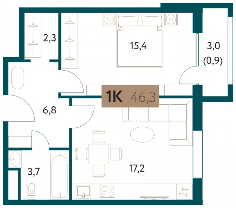 1-комнатная квартира 46.3 м2, 8 этаж, сдача 4 квартал 2022 г., ЖК Настоящее, корпус 1 - объявление 1711965 - фото №1