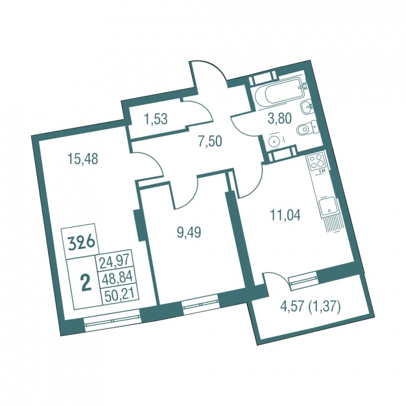 2-комнатная квартира с частичной отделкой, 51.4 м2, 23 этаж, дом сдан, ЖК Жилой микрорайон Одинбург, корпус 32 - объявление 1826776 - фото №1