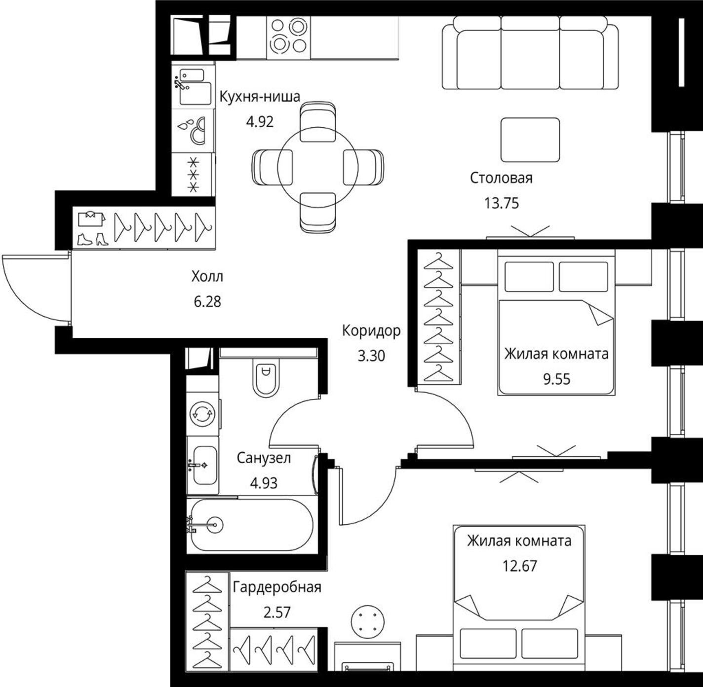 2-комнатная квартира с частичной отделкой, 57.97 м2, 21 этаж, сдача 3 квартал 2026 г., ЖК City Bay, корпус North Ocean 7 - объявление 2240471 - фото №1