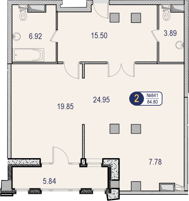 2-комнатные апартаменты без отделки, 84.8 м2, 8 этаж, дом сдан, ЖК МФК Маршал, корпус 6 - объявление 1652746 - фото №1