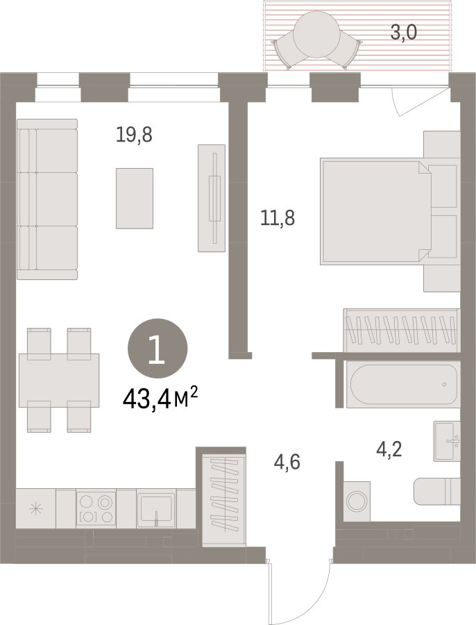 1-комнатная квартира с частичной отделкой, 43.33 м2, 4 этаж, сдача 1 квартал 2025 г., ЖК Первый квартал, корпус Дом 5 - объявление 2281406 - фото №1
