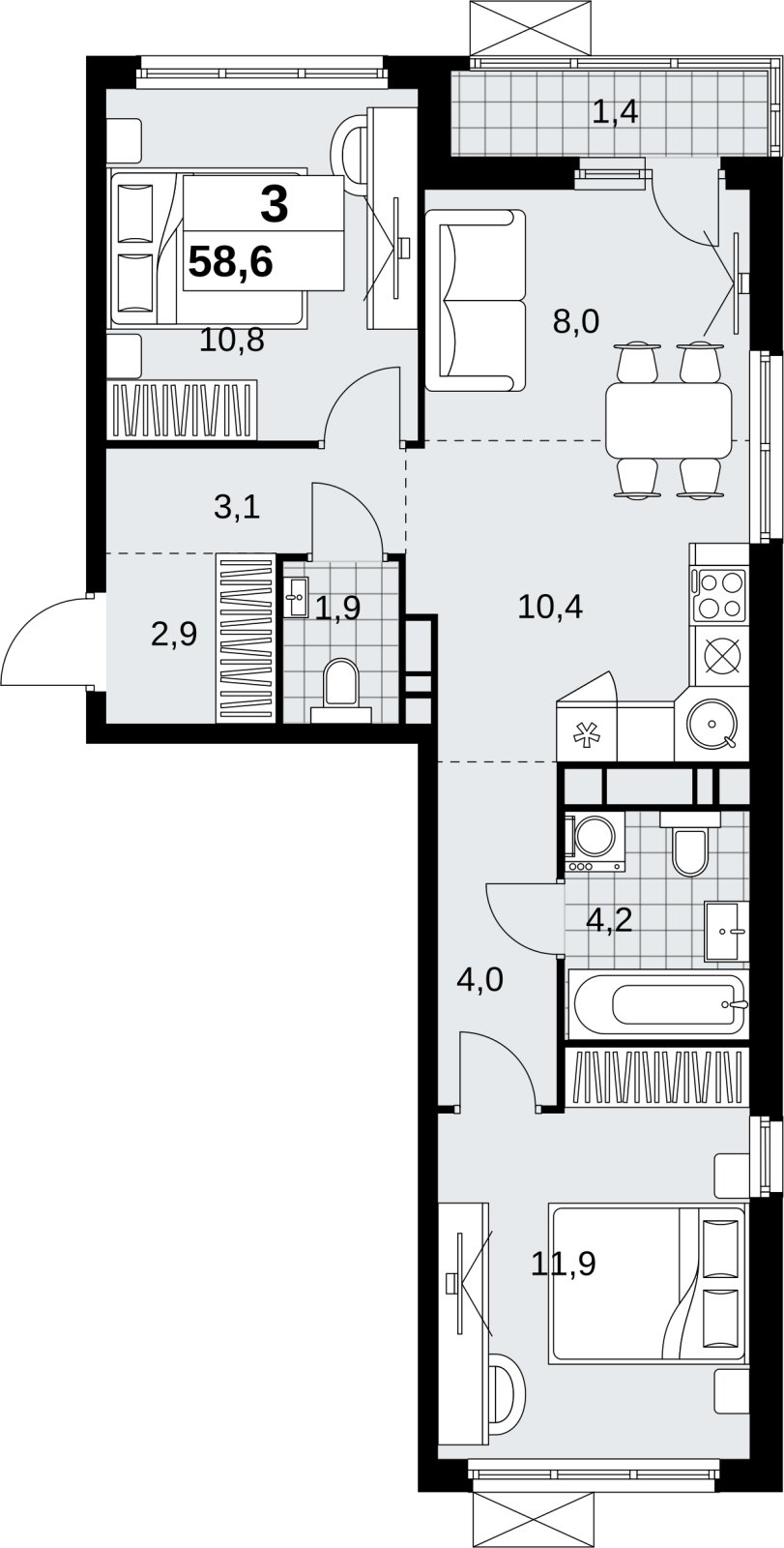 3-комнатная квартира (евро) без отделки, 58.6 м2, 13 этаж, сдача 4 квартал 2026 г., ЖК Скандинавия, корпус 2.18.2.4 - объявление 2351576 - фото №1