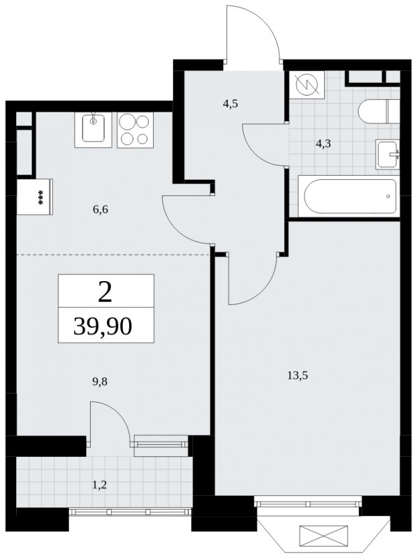 2-комнатная квартира (евро) с частичной отделкой, 39.9 м2, 8 этаж, сдача 2 квартал 2025 г., ЖК Бунинские кварталы, корпус 1.2 - объявление 1834348 - фото №1