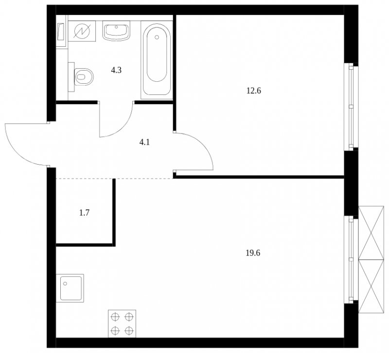 1-комнатная квартира без отделки, 42.3 м2, 12 этаж, сдача 4 квартал 2023 г., ЖК Holland park, корпус 12 - объявление 1593194 - фото №1