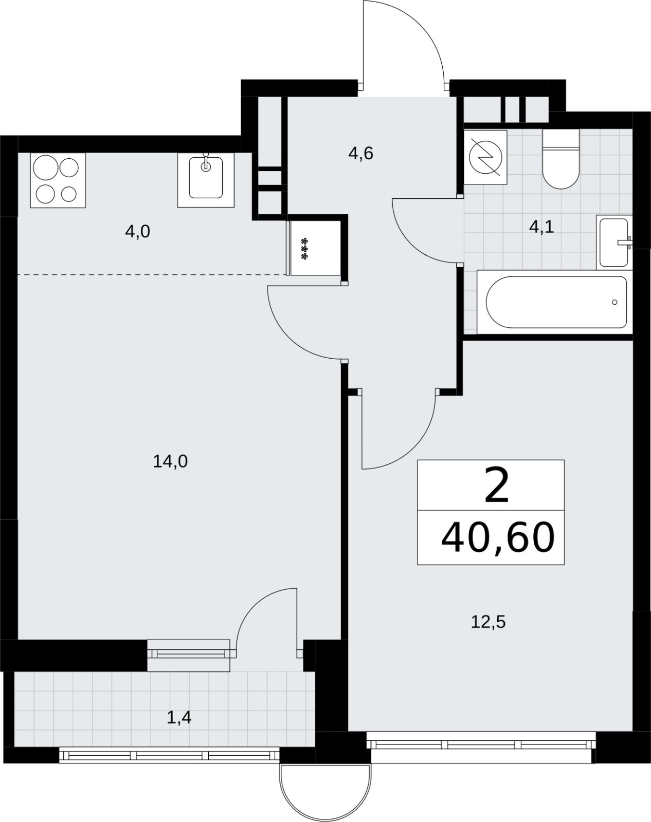 2-комнатная квартира (евро) без отделки, 40.6 м2, 5 этаж, сдача 3 квартал 2026 г., ЖК Родные кварталы, корпус 3.1 - объявление 2378193 - фото №1