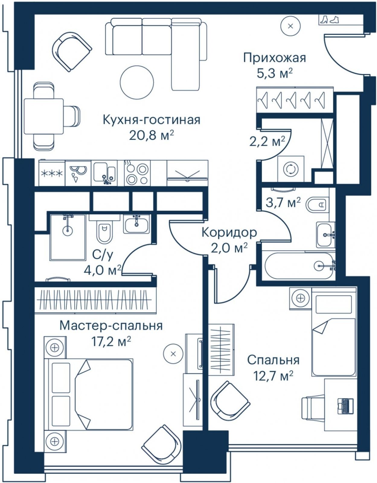 2-комнатная квартира с частичной отделкой, 67.85 м2, 49 этаж, сдача 2 квартал 2024 г., ЖК City Bay, корпус Indian Ocean 1 - объявление 2214110 - фото №1