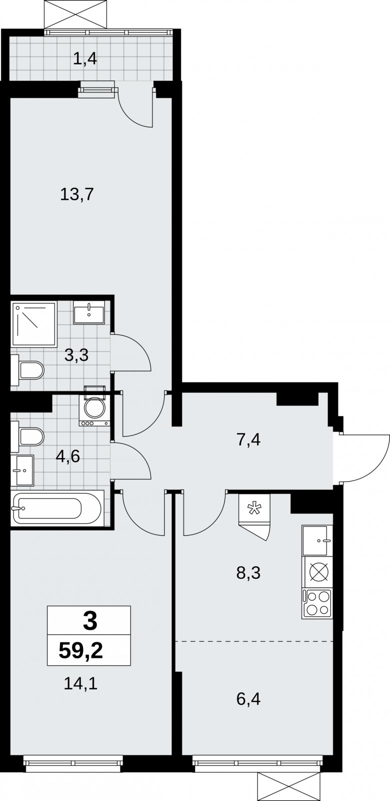 3-комнатная квартира (евро) без отделки, 59.2 м2, 7 этаж, сдача 1 квартал 2026 г., ЖК Дзен-кварталы, корпус 6.2.1 - объявление 2328591 - фото №1